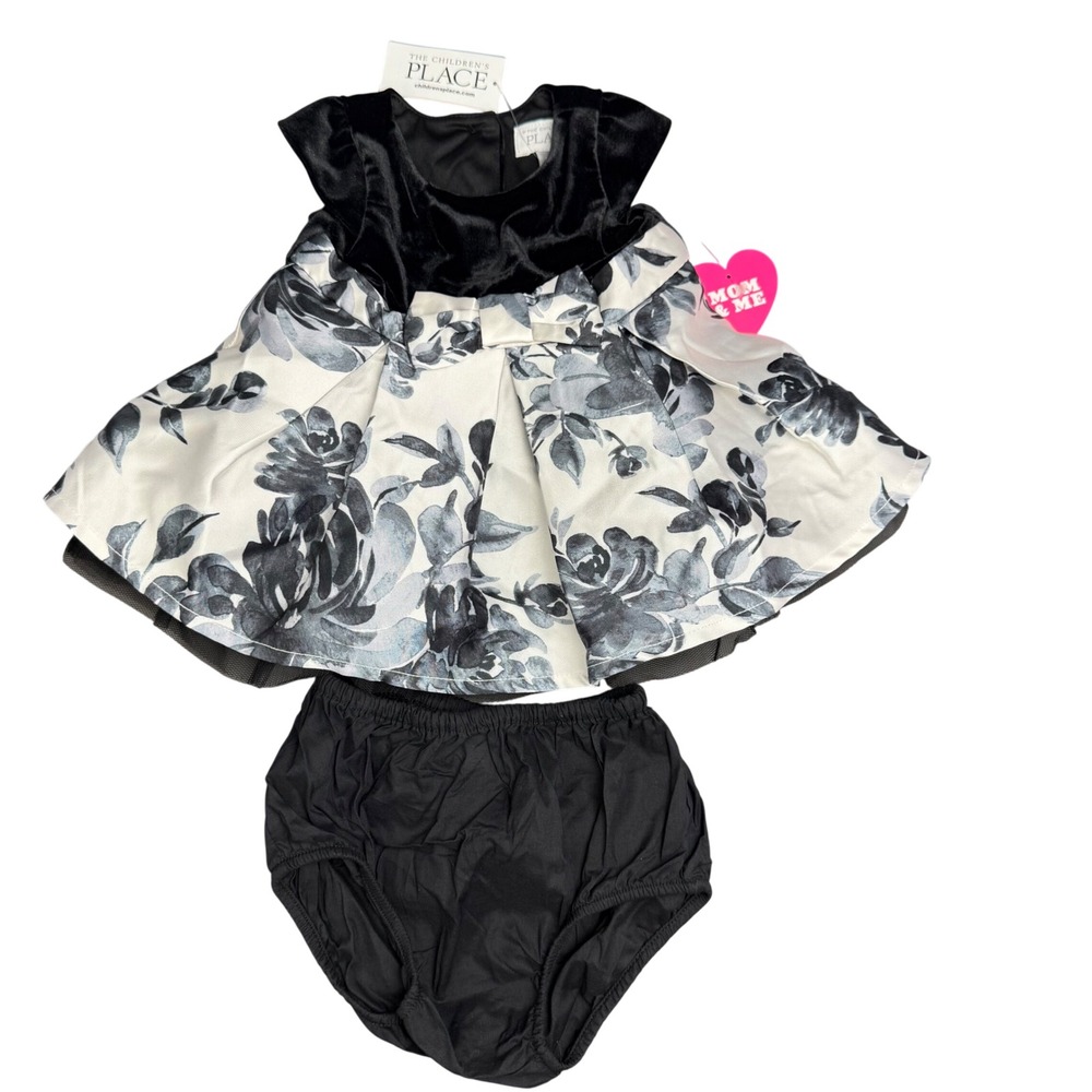 The Childrens Place Baby Girl Velvet Floral Dress Set Black White 0-3M NWT